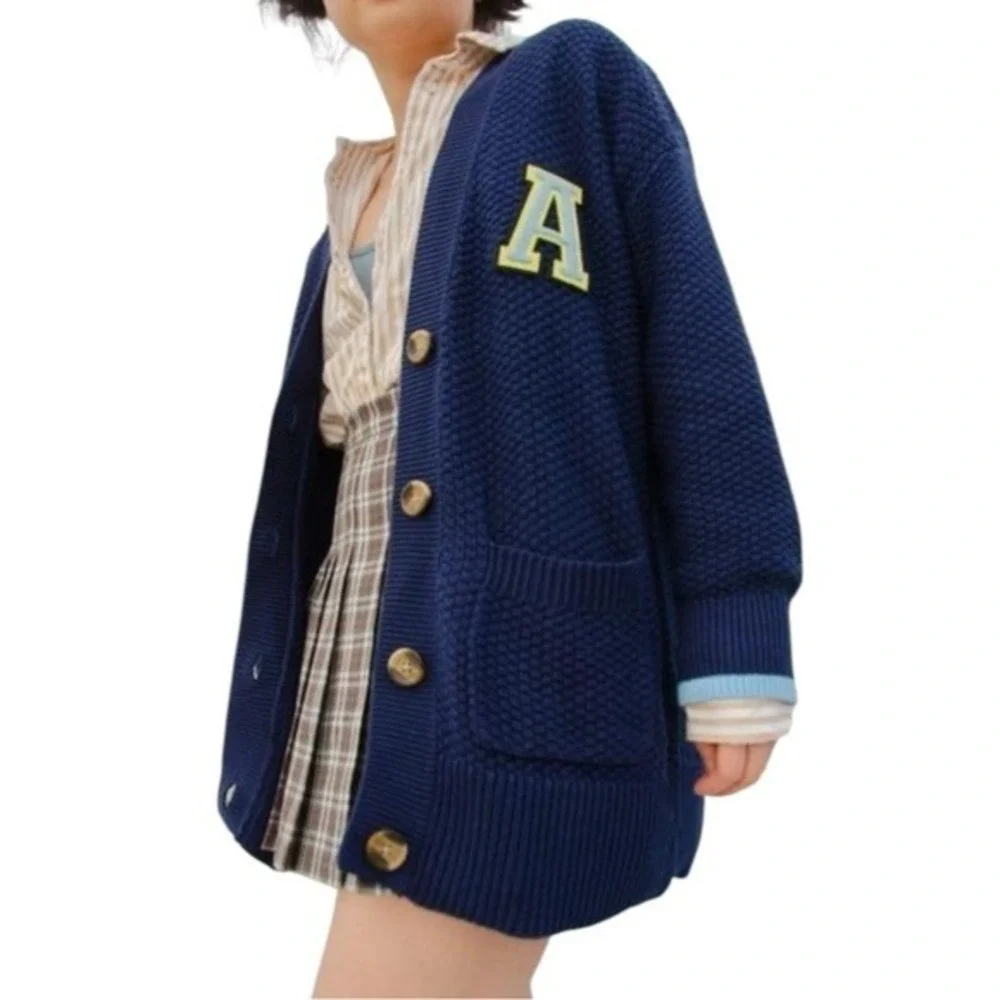 Aerie Sweater Womens Large Navy Collegiate Oversized Cardigan Varsity Letterman - Picture 2 of 12